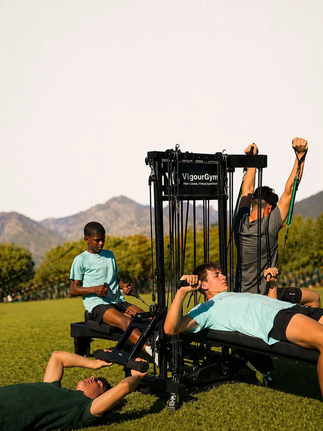 A group using the VigourGym strength system outdoors